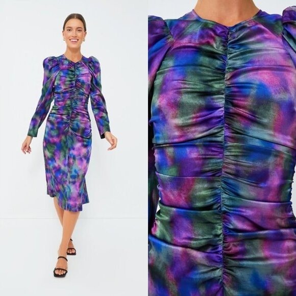 Ganni NEW Watercolor Simply Purple Silk Stretch Formal Satin Midi Dress Size L